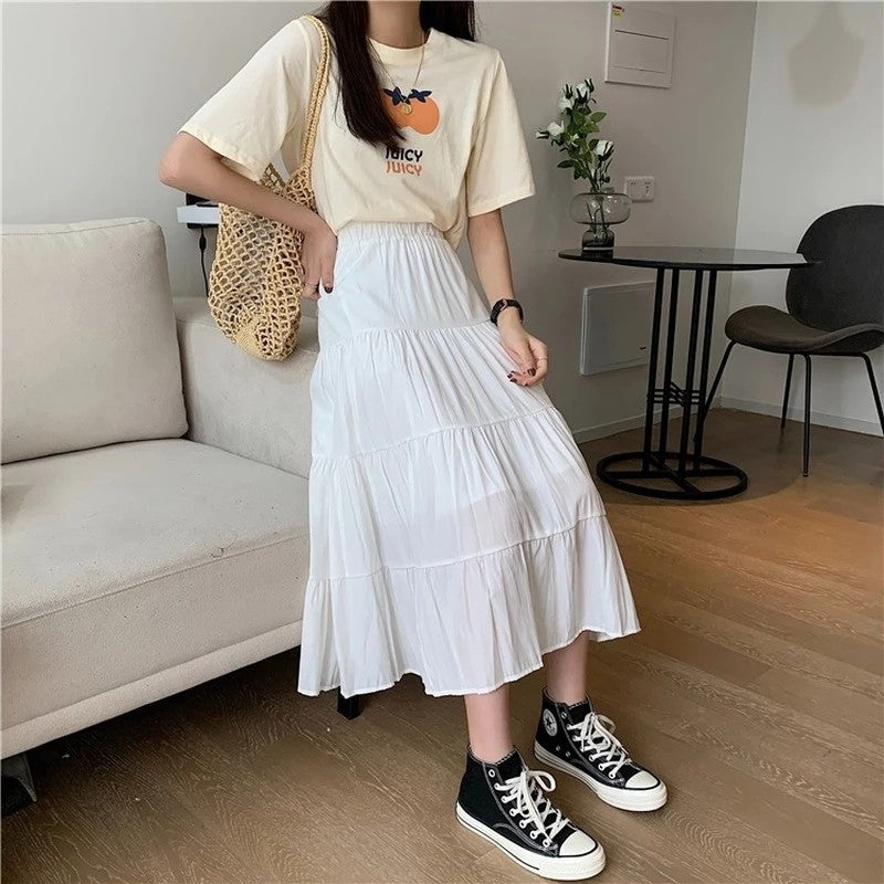 Spring Summer Women Chiffon Skirts Vintage High Waist Elastic Patchwork White Bl