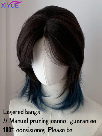 XIYUE synthetic Black And blue Mullet Head Wig Synthetic Straight Fluffy Natural Wolf Tail Hair for Daily Use Party Cosplay