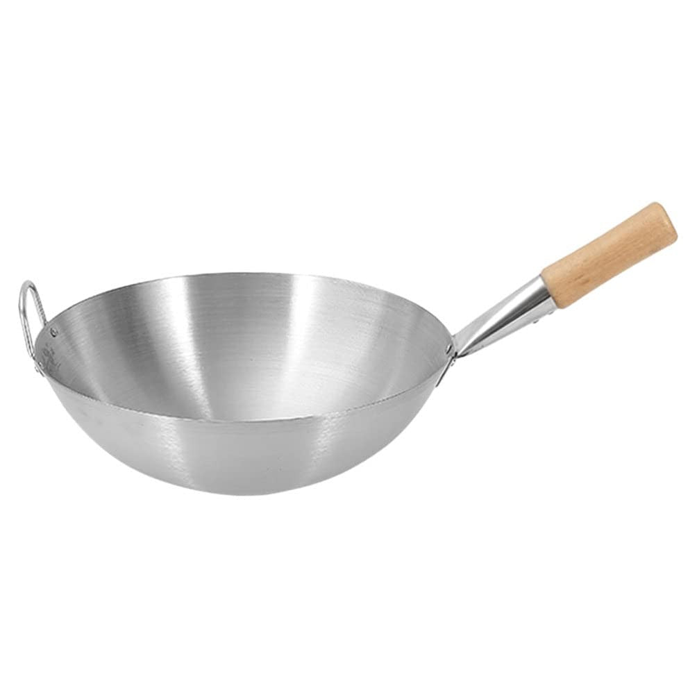 Wok de Aço Inoxidável com Cabo de Faia Anti-Queimadura Fundo Redondo Utensílio de Cozinha para Fogões a Gás 32cm