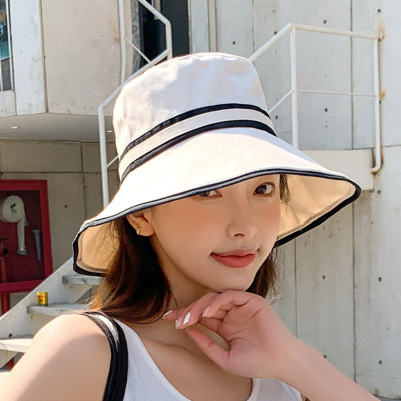 Women Summer Wide Brim Striped Bucket Hat Soft Cotton Fordable Panama Cap For Lady Outdoor Solid Color JK Beach Tour Basin Hat