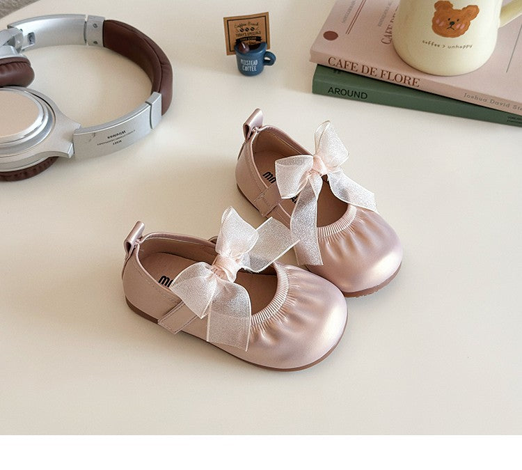 Baby Girl Princess Shoes Shine Surface Korean Style Lace Bow Casual Flats Non-Slip Toddler Kid Wedding Party Adorable Baby Shoes