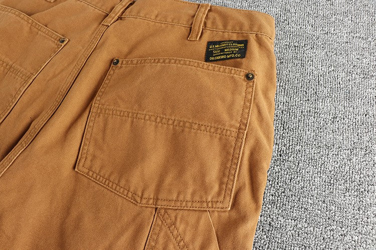 2025 Spring New American Retro Amekaji Heavyweight Woven Cargo Pants Men's Simple 100% Cotton Washed Straight Casual Trousers