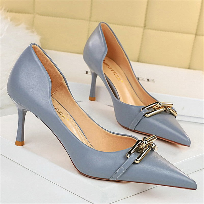 Women 7cm High Heels Pumps Lady Scarpins Fetish Nightclub Blue Nude Low Heels Wedding Party Metal Chain Buckle Fetish Prom Shoes