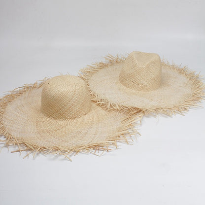 WZCX Feito à Mão Borla Feminina Chapéus de Sol de Palha Aba Larga Grande Chapéu de Palha Natural de Ráfia Panamá Praia Chapéus de Sol Para Feriado