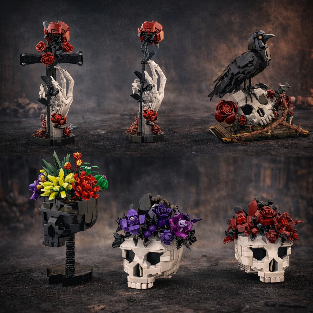 Conjunto de Blocos de Montar Crânio Gótico com Flores MOC, Decoração de Mesa Floral para Halloween, Modelo DIY, Presente Criativo para Adultos e Crianças