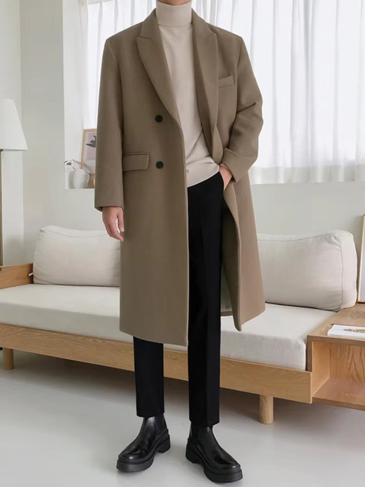 Mauroicardi Autumn Winter Long Warm Camel Black Woolen Coat Men Double Breasted Korean Style Wool Blends Overcoat with Back Slit