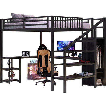 Cama Alta para Jogos Queen Size Adulto com Iluminação LED, Estrutura Robusta, Escada, Guarda-Roupa e Armazenamento
