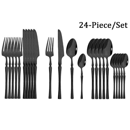 JANKNG 24 peças Conjunto de Talheres de Aço Inoxidável Louça Utensílios de Mesa Cozinha Alimentos Talheres Pretos Prata Brilhante Garfo Faca Colher
