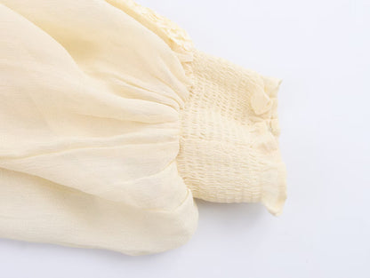 ZEAINS Beige French V-neck lace ruffle court style chiffon long sleeved shirt top for women in autumn