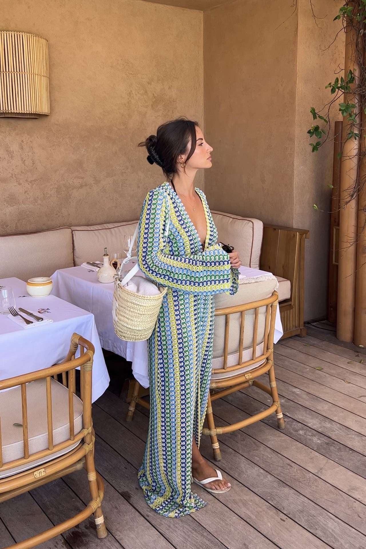 Crochet Colorful Stripe Maxi Dress Women Flare Sleeve V-neck High Split Sexy Lon