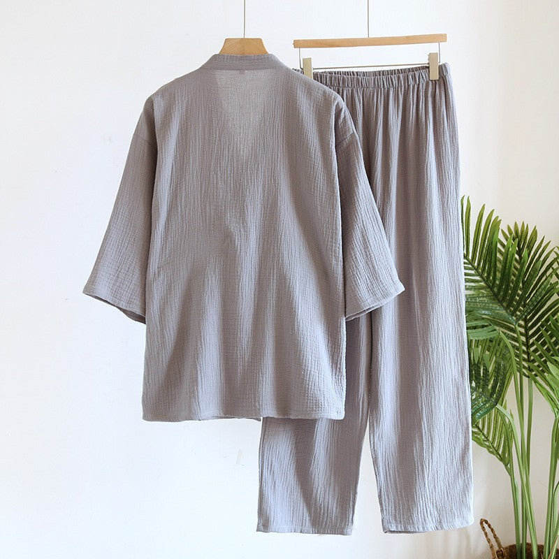 Large Size Kimono Robes with Pocket and Long Pants 2 Pcs Pajamas Set for Men Sleepwear Clothes Cotton Pjamas for Men
