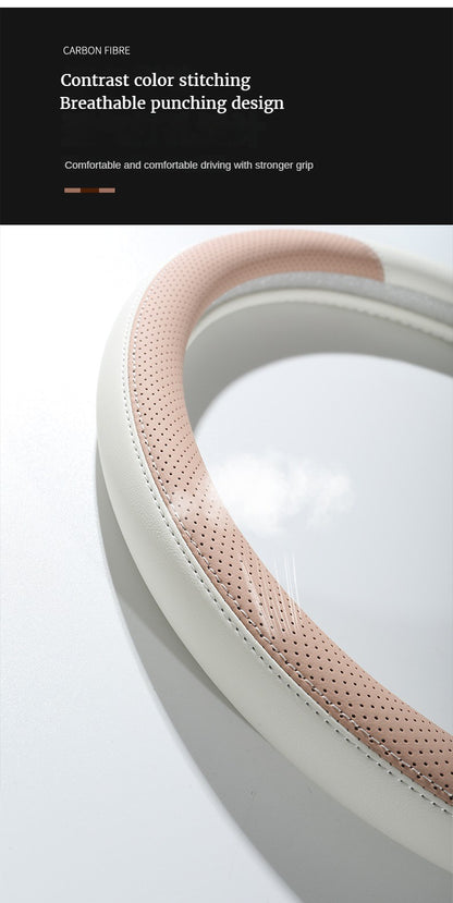 Perforated Nappa Leather Car Steering Wheel Cover Warm in Winter and Cool in Summer, Universal 15 Inch,  Anti-Slip, Odorless