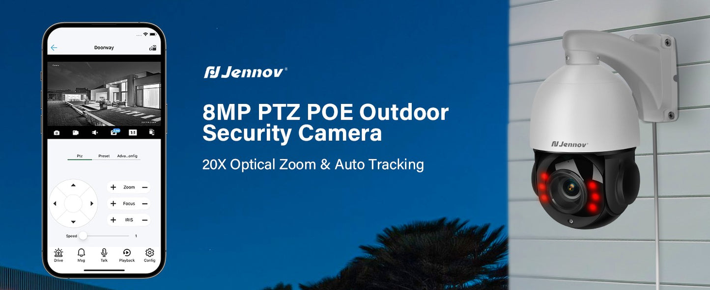 Câmera de Segurança Externa Jennov 360° 8MP PTZ POE IP 4K com Zoom Óptico de 30X e Visão Noturna IR CCTV