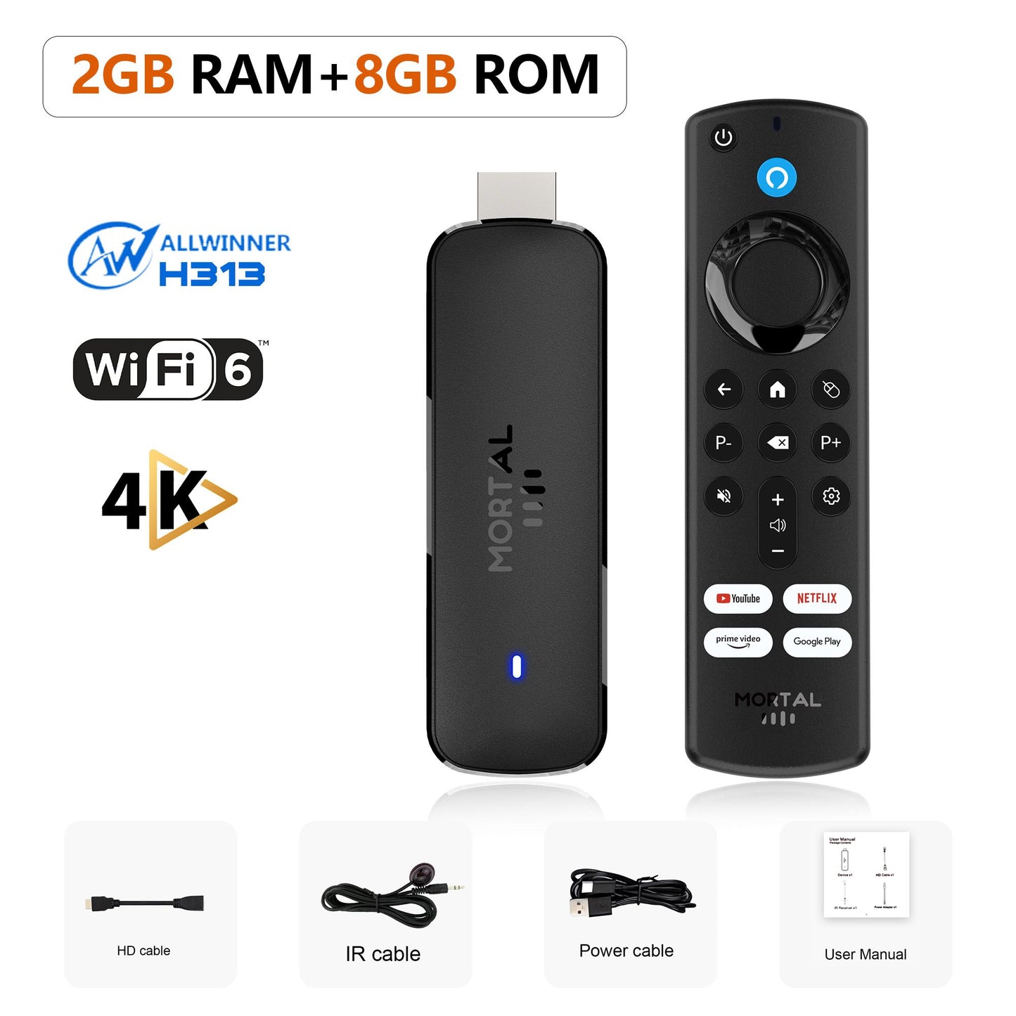 Versão Global Android14 TV Stick Home Theater Allwinner H313 Mortal Q8 Suporte 4K@60fps Wifi6 Bluetooth Controle Remoto por Voz TV Ao Vivo