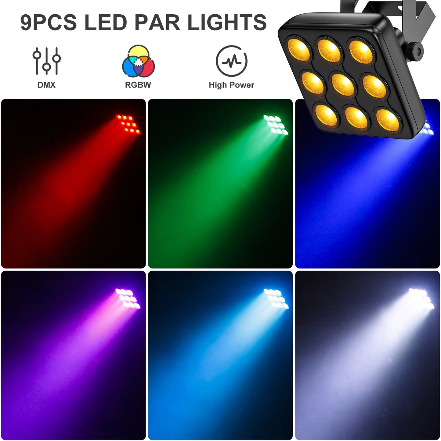 4PCS 9LEDs Par Lights RGBW Stage Lighting Effect Projector DMX512 Remote Control Square Strobe Light for Show Concert Party