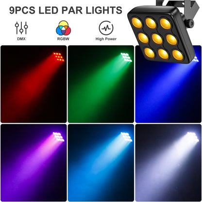4PCS 9LEDs Par Lights RGBW Stage Lighting Effect Projector DMX512 Remote Control Square Strobe Light for Show Concert Party