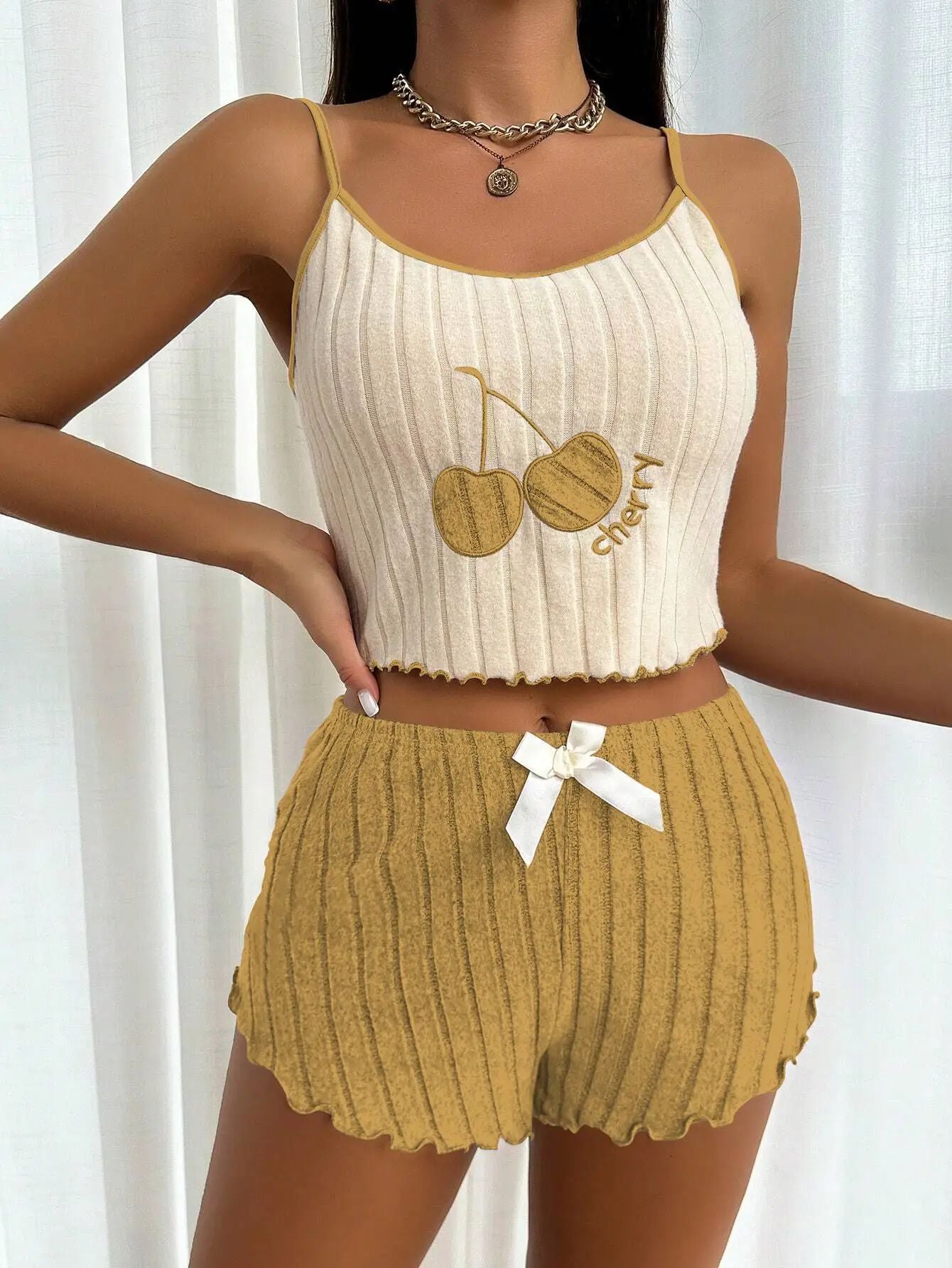 Women Casual Summer 2pcs Pajamas Simple Ground Wool Halter Vest Tops and Shorts Set Home Wear Sleepwear Loungerwear