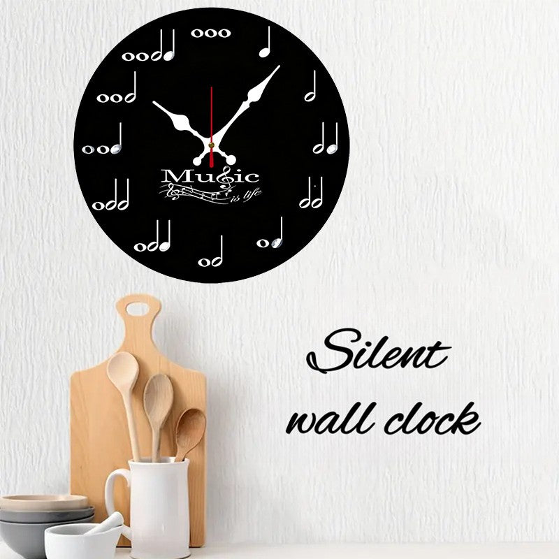 Music Note Wooden Round Silent Hanging Wall Clock, Suitable For Living Room, Office, Study Room, Bedroom, Home Decoration