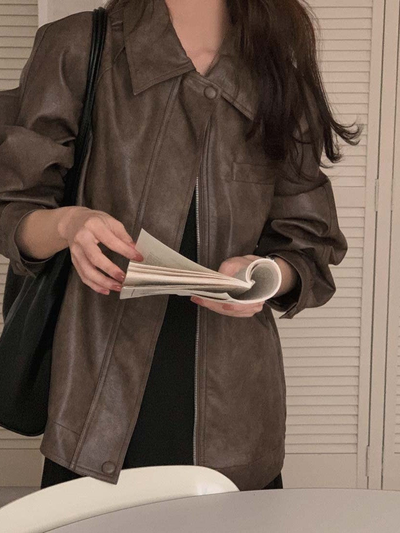 Sli Loose PU Leather Jaet Women's Chic Retro Collar Versatile BF Sle Motorcycle Clothes Trendy Long Sve Zipper