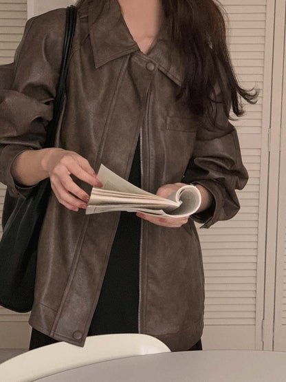 Sli Loose PU Leather Jaet Women's Chic Retro Collar Versatile BF Sle Motorcycle Clothes Trendy Long Sve Zipper