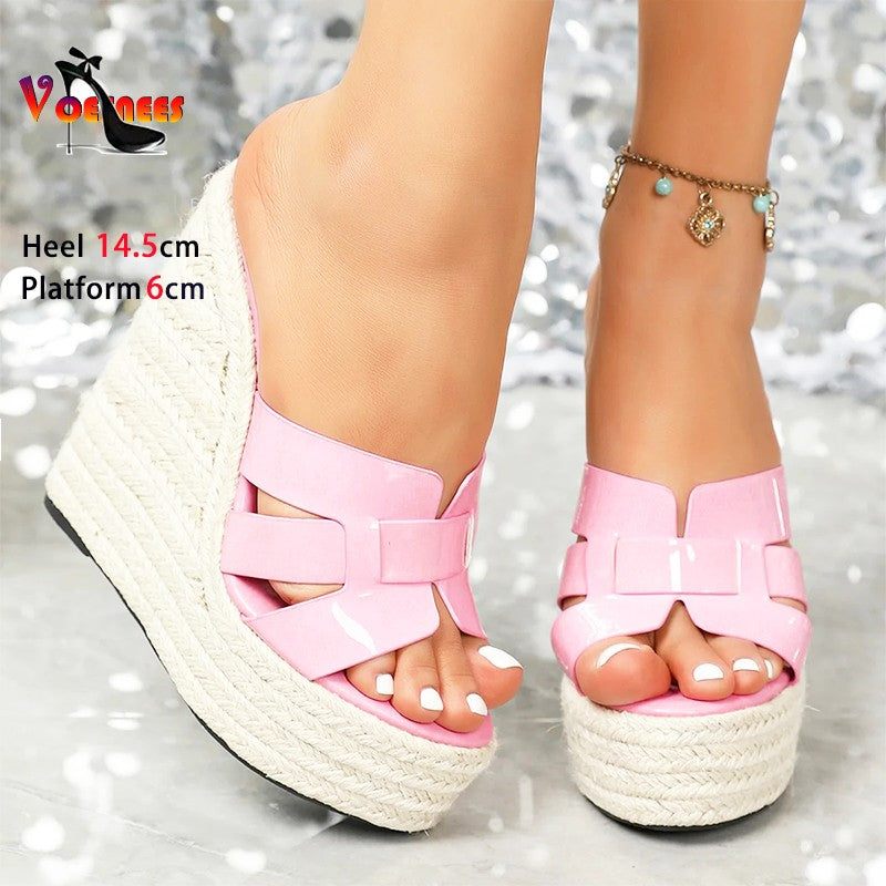 Lady Super High Heels Rice Straw Weave Women Platform Shoes Outside Summer Thick Sole Casual Sandals 14.5CM Wedges Heel Slippers