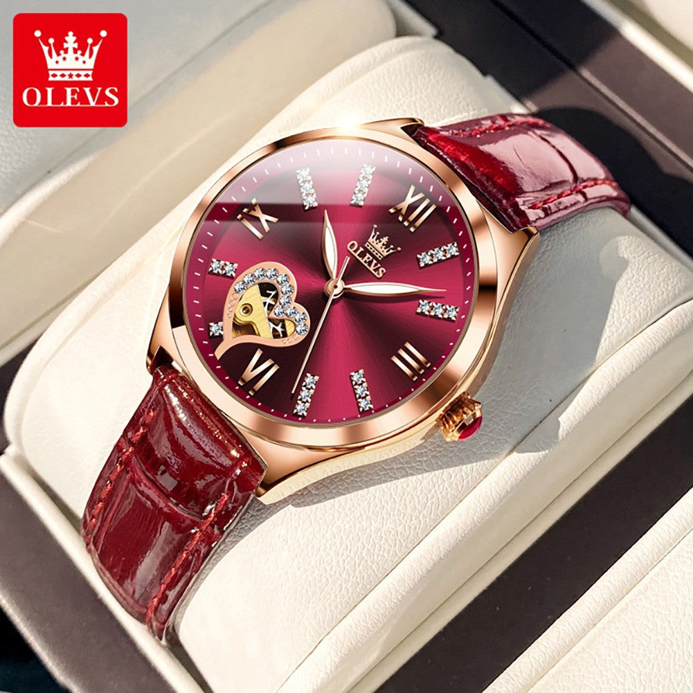 OLEVS 6636 Luxury Women Watch Fully Automatic Hollow Design Diamond Heart shaped Watch Elegant Mechanical Women Bracelet Watch