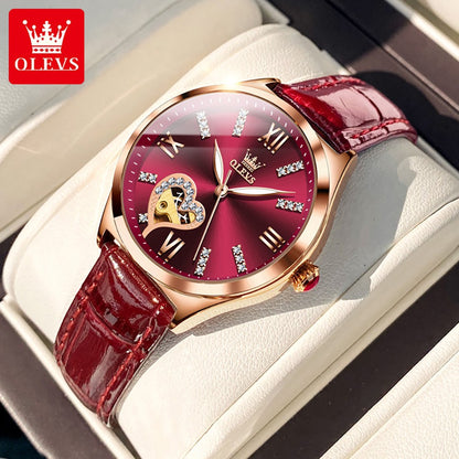 OLEVS 6636 Luxury Women Watch Fully Automatic Hollow Design Diamond Heart shaped Watch Elegant Mechanical Women Bracelet Watch