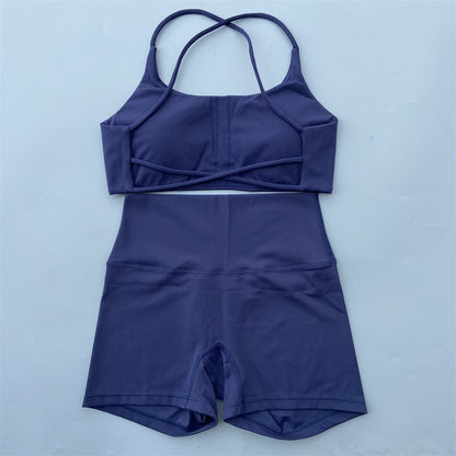 Yoga Shorts Set Gym Two Piece Sports Set Women Workout Outfit Fitness Suit Cross Straps Bra High Waist Shorts Running Tracksuit