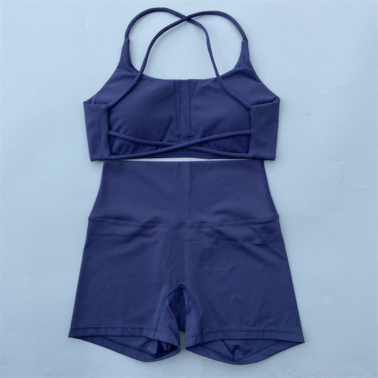 Yoga Shorts Set Gym Two Piece Sports Set Women Workout Outfit Fitness Suit Cross Straps Bra High Waist Shorts Running Tracksuit