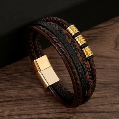 Pulseira de Couro Masculina Punk com Fecho Magnético de Aço Inoxidável Trançado em Camadas Envoltório de Couro Pulseiras Presente Joias Masculinas