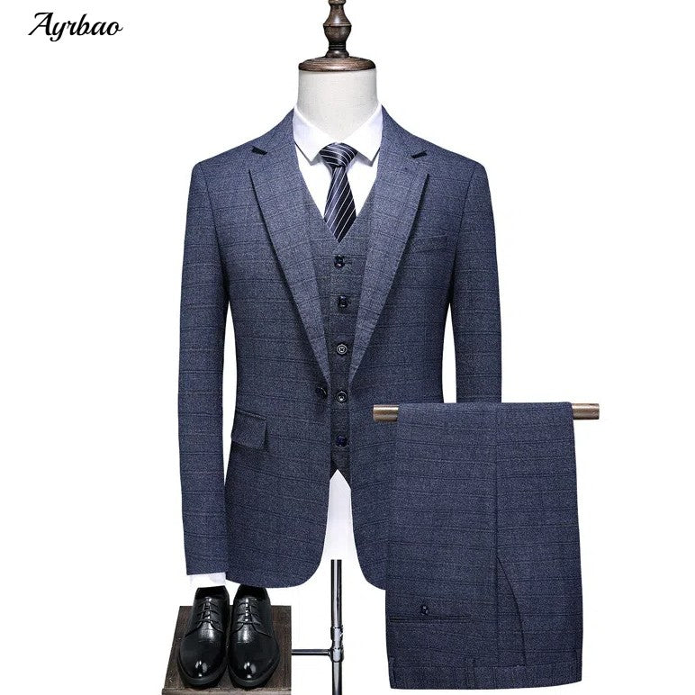Mens Suits 3 Piece Business Office Formal Set Checkered Pattern Slim Fit Blazer Vest Pants High Quality Luxury Work Wedding