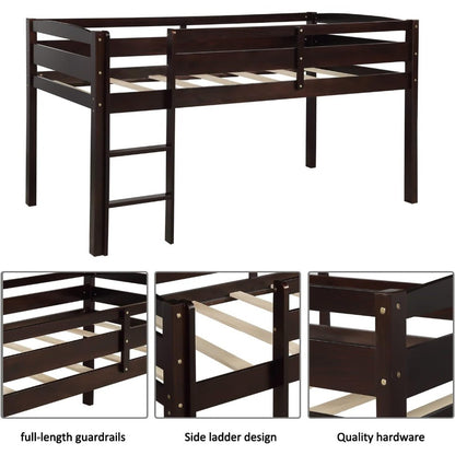 Cama suspensa baixa de madeira tamanho solteiro Espresso com escada