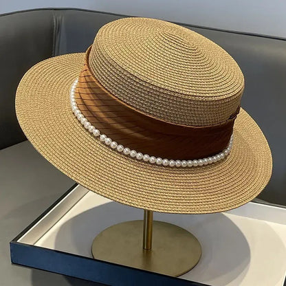 2025 Summer Elegant Pearl Chain Flat Sun Hats for Women Chapeau Feminino Straw Hat Panama Wide Brim Anti-UV Beach Cap Girl Topee