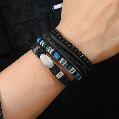 Conjunto de 4 Pulseiras Masculinas Trançadas de Couro com Fecho, Vintage Árvore da Vida Leme, Miçangas de Madeira, Étnicas Tribais, Bracelete de Corda