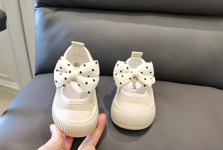 Girls Fashion Shoes Canvas Sneaker Kids Polka Dot Bow Princess Flats Breathable Baby Shoes Student Soft Sole Casual Spring Shoes