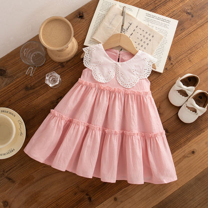 Baby Girl Clothes Summer Cotton Solid Color Lapel Sleeveless Baby Girl Dresses Cute Girls Beach Dresses