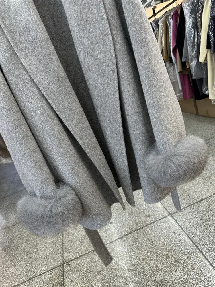 New Natural Fox Fur Thick Double-sided Wool Coat Female Short Autumn Winter Loose Lace-up Woolen Coats Women Fashion Overcoats