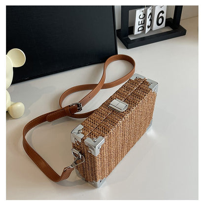 Couple's Sling Bag Straw Weaving with Corner Metal Decoration Boxy Shape Doctor Bag for Date Back to School Party Shoulder Bag