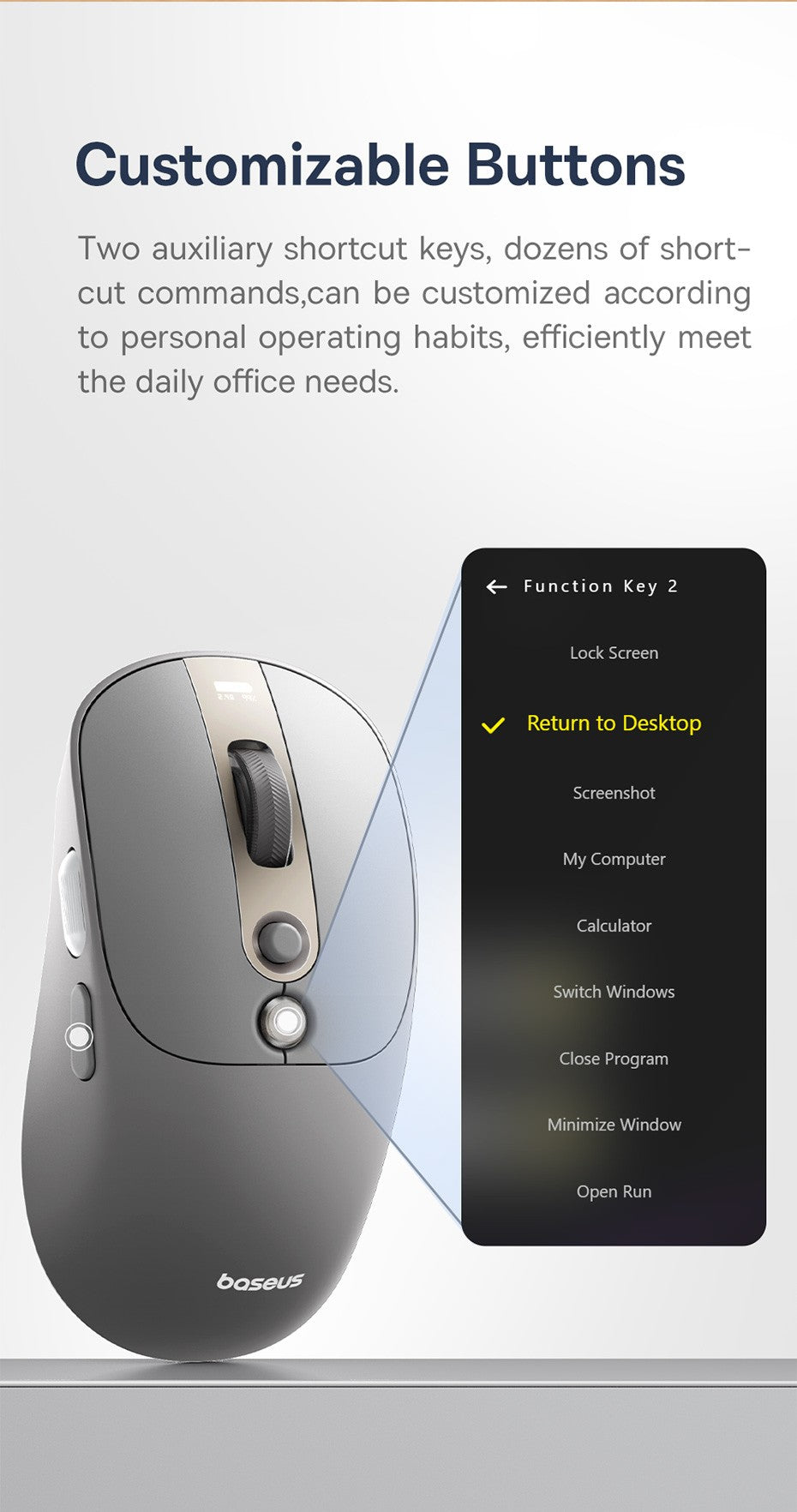 Mouse Sem Fio Baseus Editor Pro Bluetooth 5.1 Modo Duplo Bateria de Longa Duração Recarregável Ergonômico de Escritório com Display