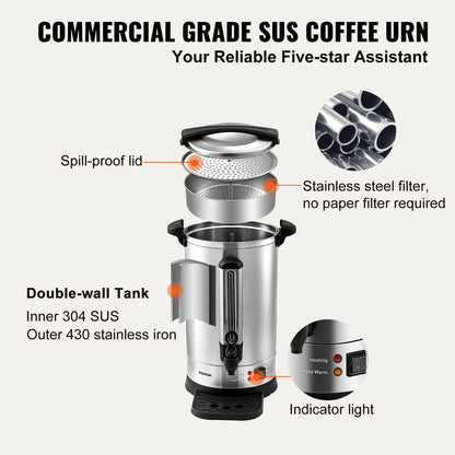 SucceBuy 65/110 Cups Stainless Steel Coffee Thermos Urn Commercial Hot Water Dispenser for Camping Fast Brewing Easy Cleaning