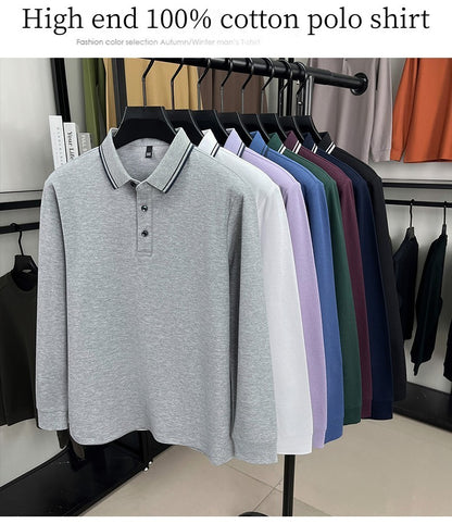 100% pure cotton high-quality long sleeve polo shirt men's autumn new style comfort casual luxury double striped lapel T-shirt