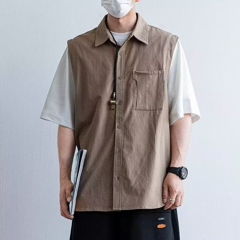 Summer Retro Fake Two-Piece Shirts For Men Casual Patchwork Short Sleeve Cargo Shirt 2025 New Pocket Y2K Streetwear Tee Tops