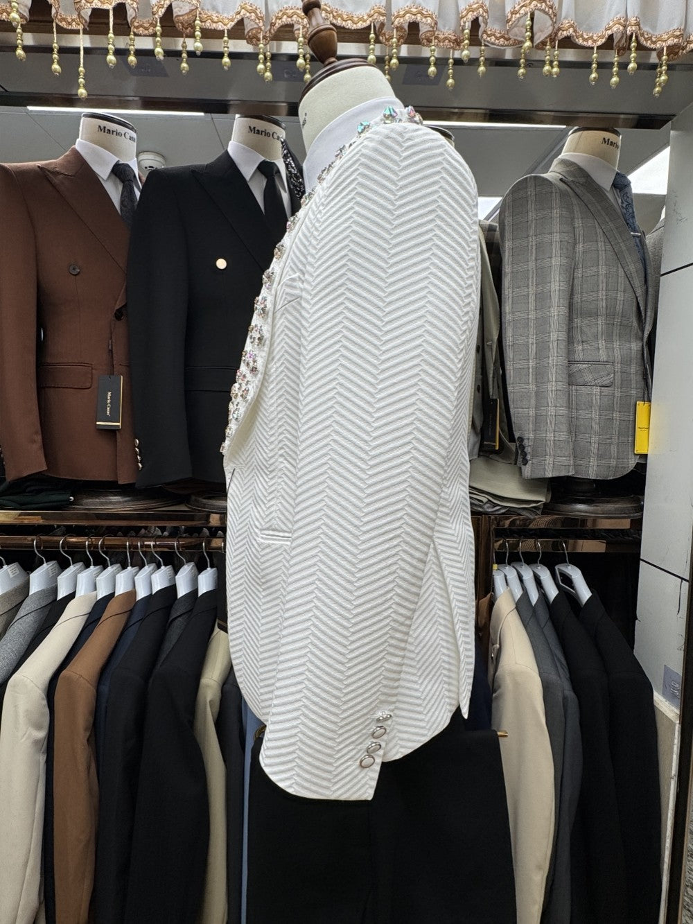 Jacquard Men's Luxurious Crystal Suits 3 Pieces Wedding Groom Sets,White Shawl Lapel Man Tuxedo For Party,Elegant Dancing Set