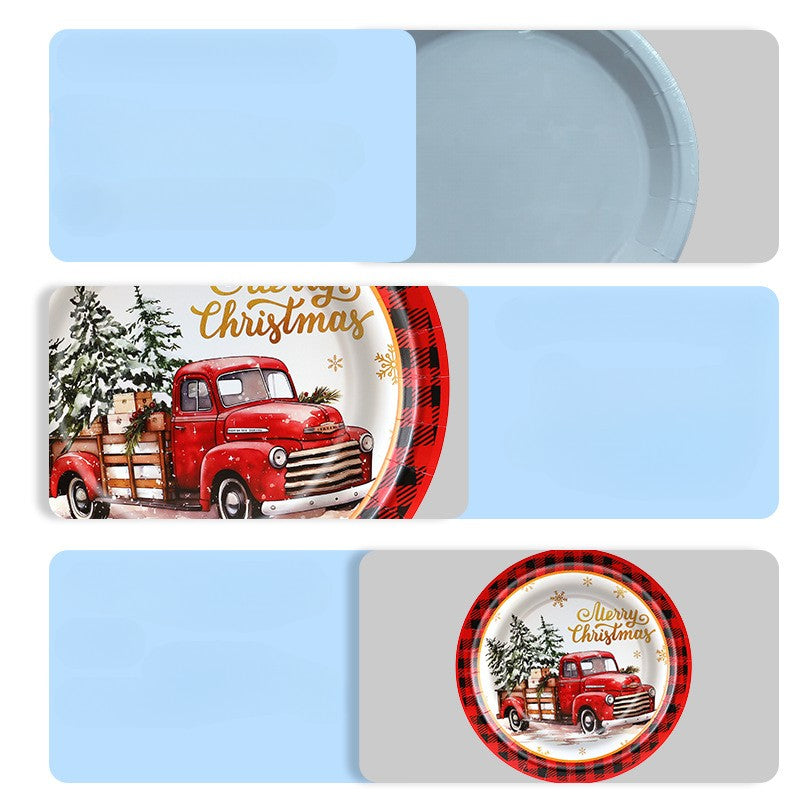 Christmas Theme Party Tableware Red Plaid Christmas Car Disposable Tableware Set Paper Plate Party Decoration Supplies