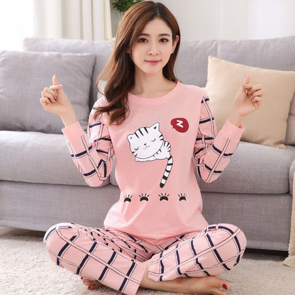 Autumn Thin 2pieces Pyjamas Set Women 2025 Round Neck Girls Bear Pajamas Sets Teacup Cat Full Sleepwear Tops lovers Pajama Mujer