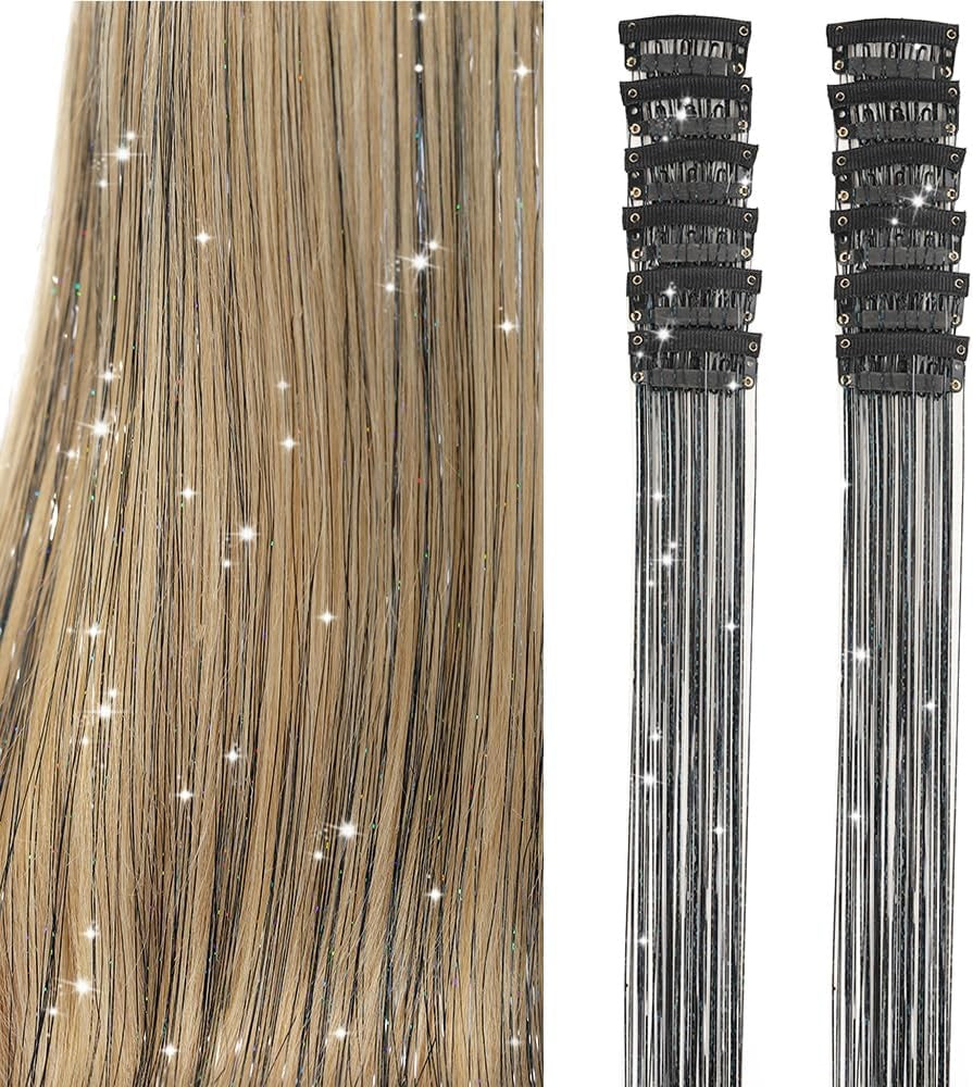 6 peças de extensões de cabelo brilhantes de 50 cm, extensões de cabelo sintéticas, presilhas de cabelo para trançar, chapéus femininos
