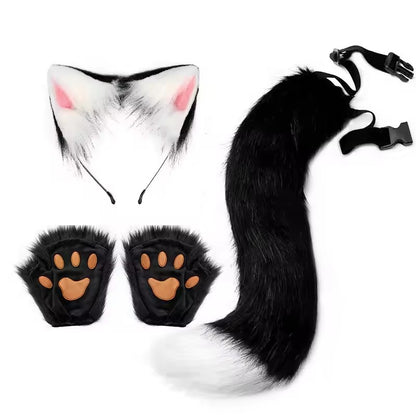 Costume Set Fox Tail Ears Gloves Artificial Fur Boot Covers Cosplay Halloween Prop Adult Women Men Unisex