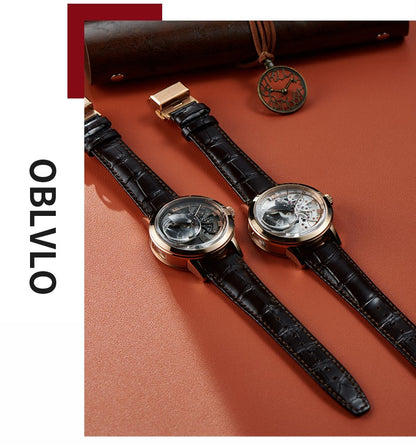 OBLVLO Luxury Retro Casual Men Skeleton Automatic Watches Mechanical Calfskin Strap Mineral Crystal Glass Waterproof Dial 45 VM