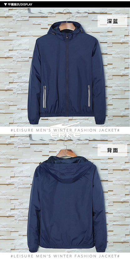 2025 Autumn Windproof Jacket Men's Trendy Solid Color Zipper Pocket Windbreaker Coat Casual Camping Jogging Loose Hooded Jackets