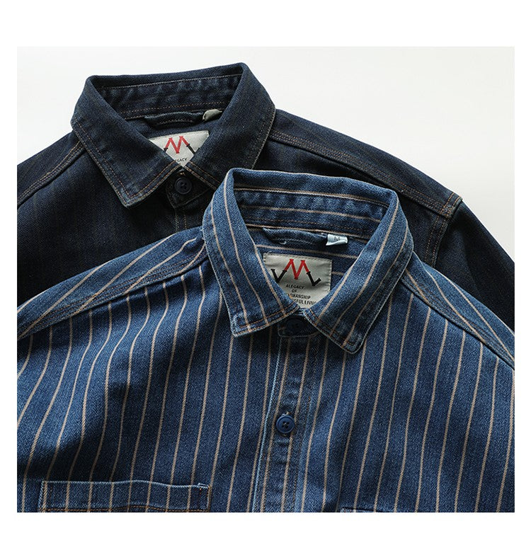 American Retro Workwear Long Sve Denim irt Loose Casual Striped ket irt Youth Trend Autumn Wear Iron Free